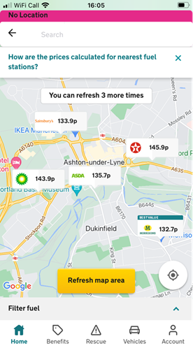Petrol prices in Ashton-under-Lyne. Photo: AA app