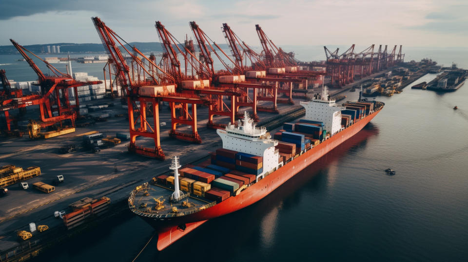 An aerial view of a VLGC docked in port, surrounded by cranes and roadways.