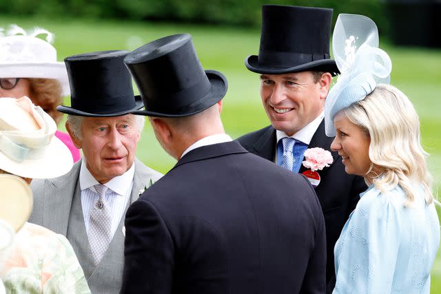 <p>Max Mumby/Indigo/Getty</p> King Charles, Mike Tindall, Peter Phillips and Lindsay Wallace attend Royal Ascot 2023