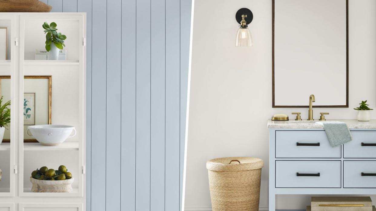  Blue bathroom and dresser. 