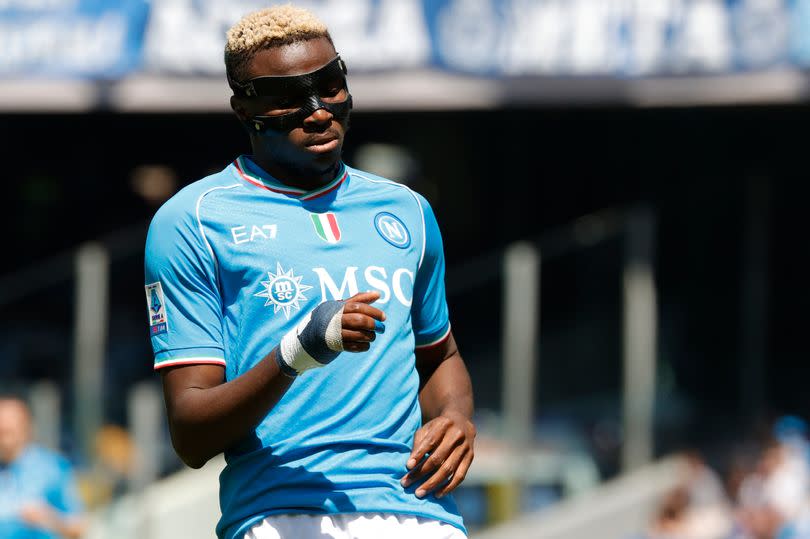 Victor Osimhen of Napoli reacts during the Serie A match between SSC Napoli and Frosinone Calcio FC at Stadio Maradona in Naples, Italy, on April 14, 2024