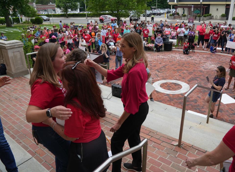 Morristown, NJ - May 13, 2023 —  Tiffany Starr, a volunteer with Moms Demand Action and Everytown Survivor Fellow, and Congresswoman Mikie Sherrill at the rally. Moms Demand Action, part of the nonprofit organization Everytown for Gun Safety, hosted a "Mother's Day of Action" rally for gun control outside the Morristown Town Hall.