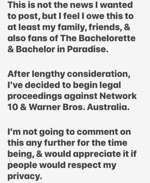 Jamie Doran's Instagram announcement about suing Channel 10