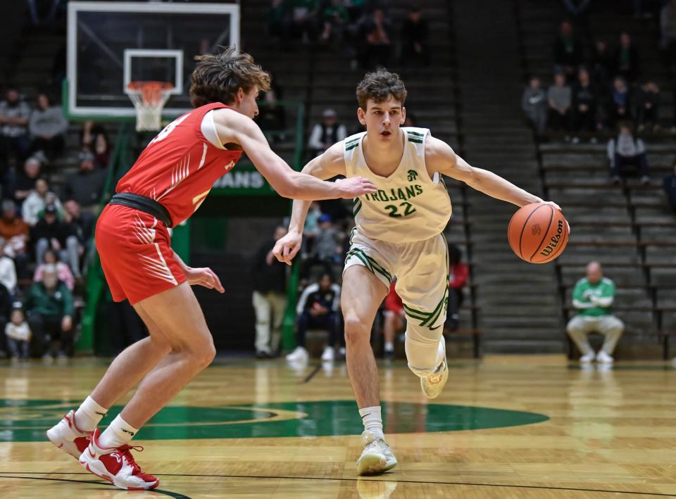 New Castle boys basketball's Gavin Welch in his team's sectional semifinal victory over Frankton at the New Castle Fieldhouse on Friday, March 3, 2023.