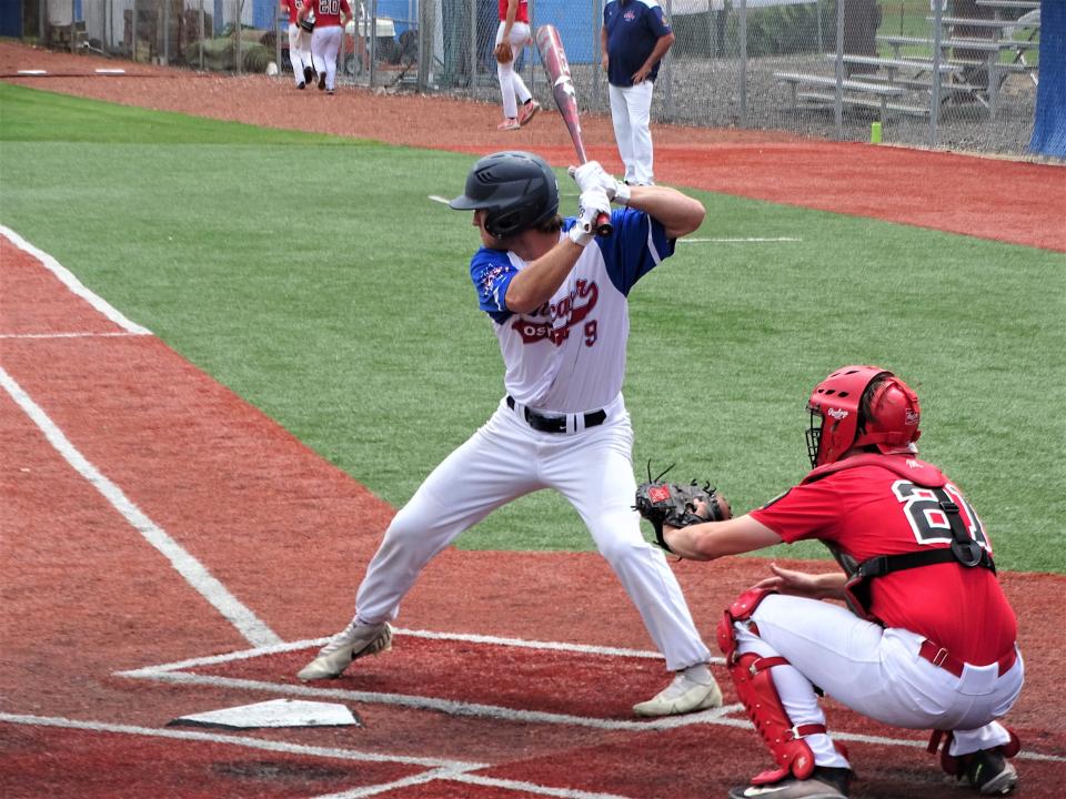 Lancaster Post 11's Riley Poston gets set to hit the ball against Napoleon Post 300 during the Ohio American Legion State Tournament at Beavers Field.