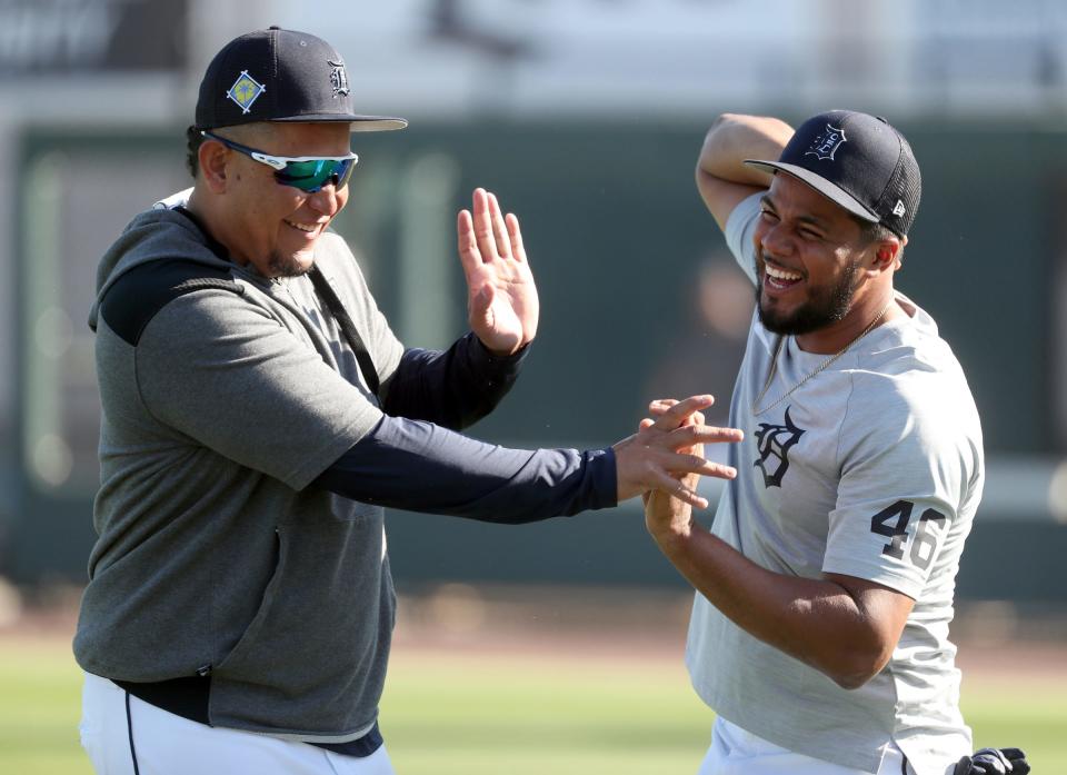 Miguel Cabrera, left, and infielder Jeimer Candelario are all smiles in the weeks before the Tigers' Opening Day lineup is announced.