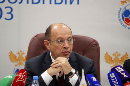 Acting President of the Russian Football Union Sergei Pryadkin listens during a news conference in Moscow, Russia December 19, 2018. REUTERS/Maxim Shemetov