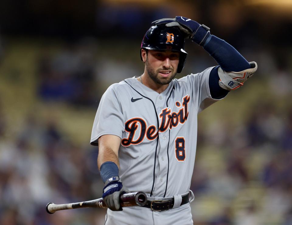 Tigers left fielder Matt Vierling reacts to his strikeout leading off the game against the Dodgers during the first inning on Tuesday, Sept. 19, 2023, in Los Angeles.