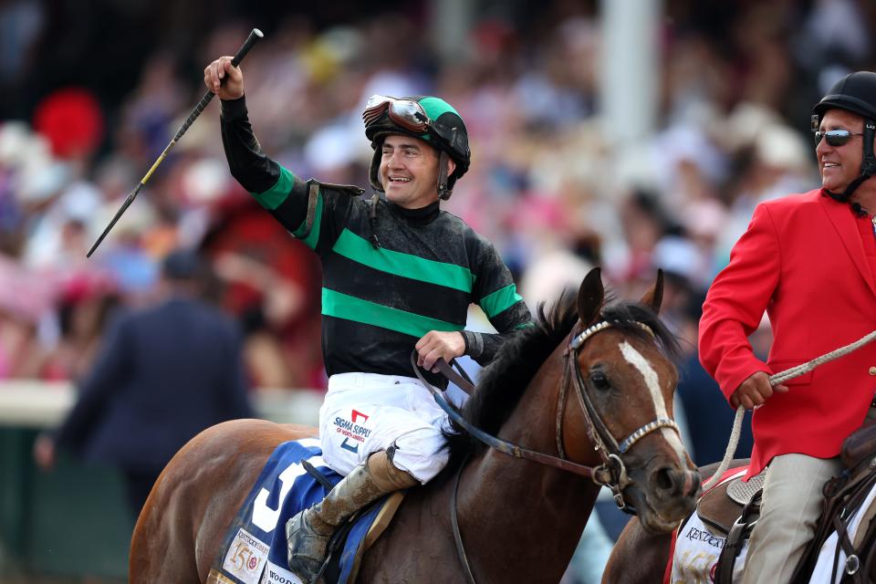 LOUISVILLE, KENTUCKY - MAY 04: Jockey Brian J. Hernandez Jr. celebrates atop of Mystik Dan after winning the 150th running of the the Kentucky Derby at Churchill Downs on May 04, 2024 in Louisville, Kentucky. (Photo by Rob Carr/Getty Images)