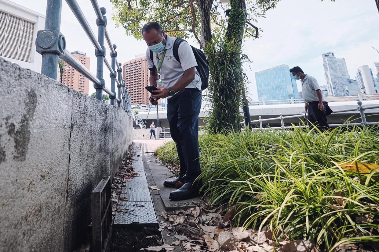 NEA dengue inspection officers checking drains for mosquito breeding. (PHOTO: National Environment Agency)