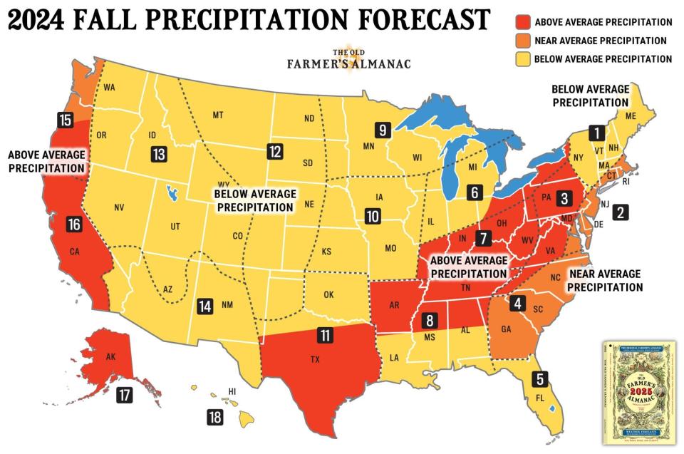 The Old Farmer's Almanac is predicting an above average precipitation for most of Tennessee this fall. Provided by the Old Farmer's Almanac