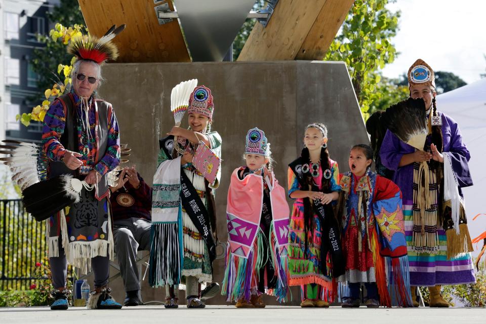 Members of the Grand Ronde Veterans Royalty cheer during Salem Indigenous Now's fourth annual Indigenous Peoples’ Day event in 2021.