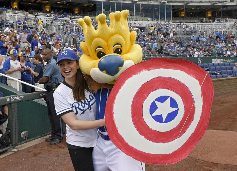 Sluggerrr posed with actress Hayley Atwell before a 2015 Royals game at Kauffman Stadium.