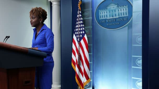 PHOTO: White House Press Secretary Karine Jean-Pierre speaks during a daily news briefing at the James S. Brady Press Briefing Room of the White House on May 2, 2023, in Washington, D.C. (Alex Wong/Getty Images)