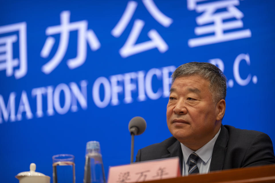 Liang Wannian, the Chinese co-leader of the joint China-WHO investigation into the origins of the COVID-19 pandemic, speaks at a press conference at the State Council Information Office in Beijing, Thursday, July 22, 2021. China cannot accept the World Health Organization's plan for the second phase of a study into the origins of COVID-19, a senior Chinese health official said Thursday. (AP Photo/Mark Schiefelbein)