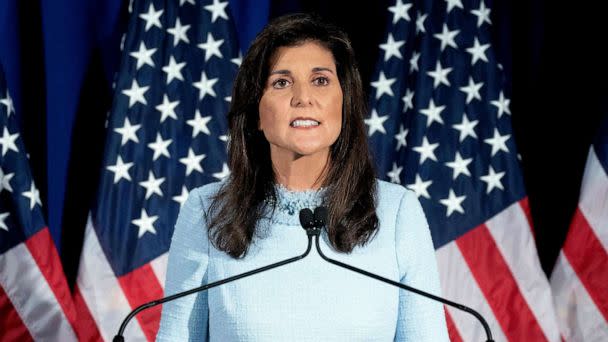 PHOTO: U.S. 2024 Republican Presidential hopeful Nikki Haley speaks on abortion at the Susan B. Anthony Pro-Life America's offices, April 25, 2023, in Arlington, Va. (Stefani Reynolds/AFP via Getty Images)