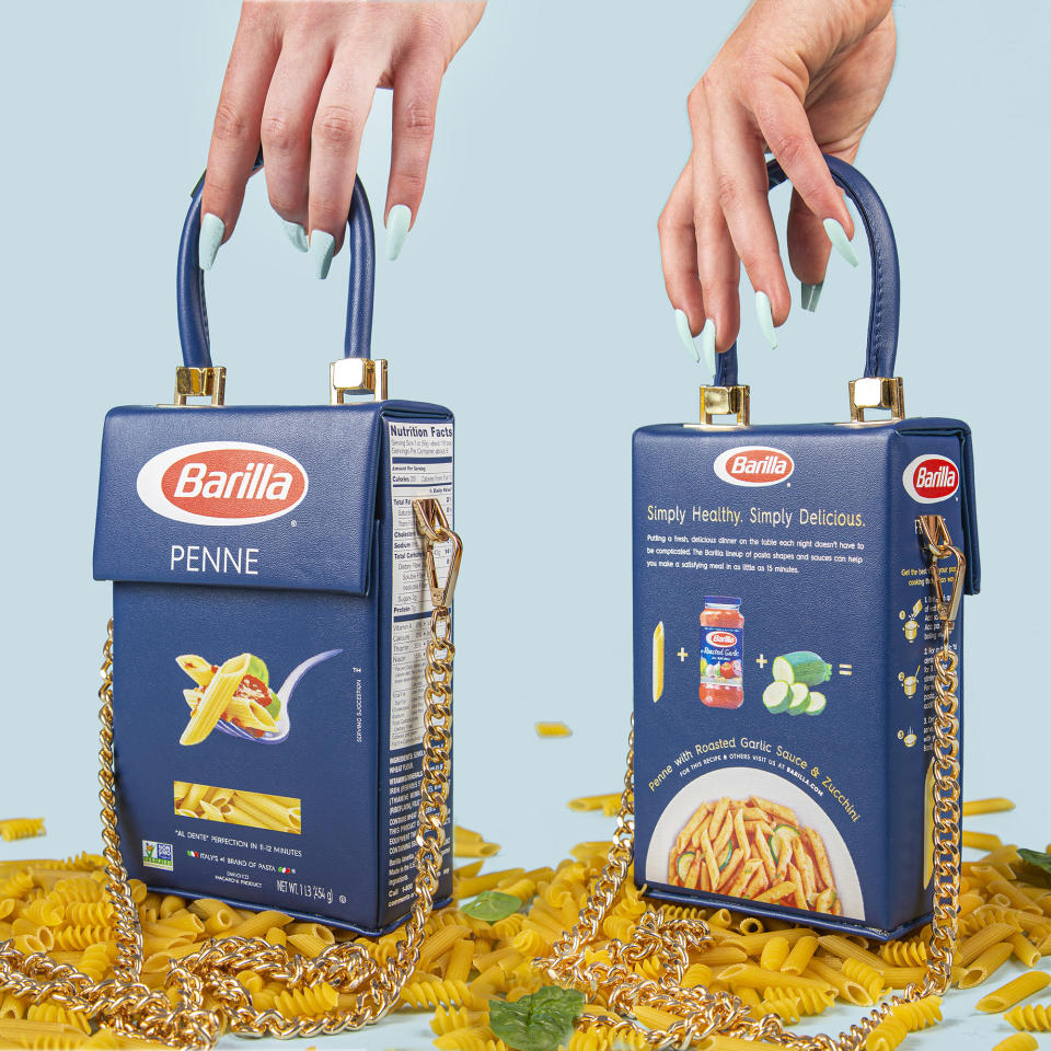 The leather bag looks just like a Barilla pasta box. (Courtesy Nik Bentel)