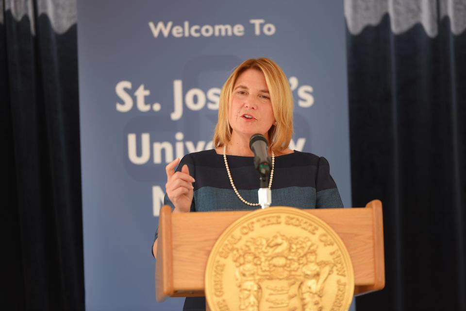 Cathy Bennett,President and CEO, New Jersey Hospital Association, speaks at the event where  NJ Mortgage Authority & St. Joseph’s Health announce details of new affordable development, low- and mid-income rental units, with some set aside for frequent ER users and residents with special needs, photographed at the building site in Paterson  on 07/10/19