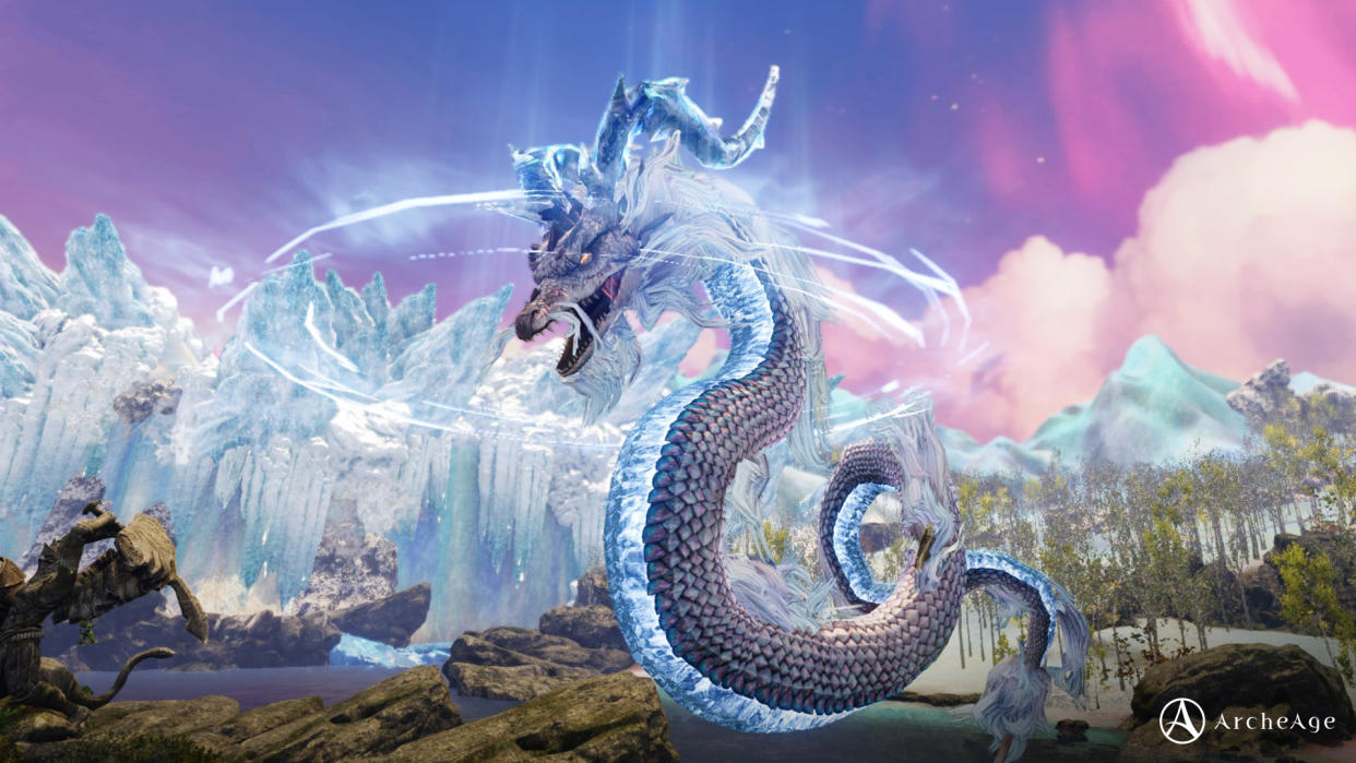  ArcheAge screenshot - white dragon on a cloudy pink background. 