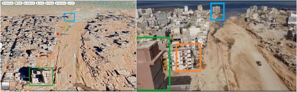 <span>Image from Google Maps (left) and scene from video in one of the false posts (right)</span>