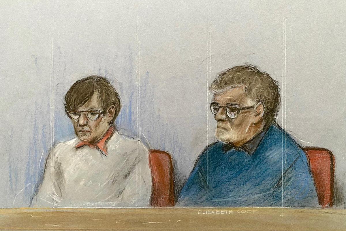 Court artist sketch by Elizabeth Cook of Margaret Morgan and Allen Morgan appearing at Luton Crown Court, where they are charged with conspiracy to murder in connection with the death of Carol Morgan in 1981 <i>(Image: PA)</i>