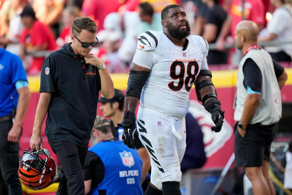 Cincinnati Bengals defensive tackle Sheldon Rankins did not practice after injuring his hamstring last Sunday. Fellow defensive tackle BJ Hill also didn't practice.