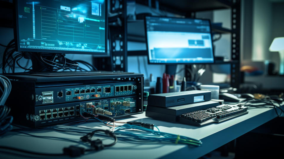 A technician working on a Wi-Fi Router, cables and instruments in the background.