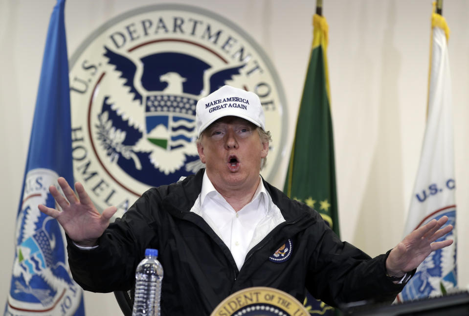 FILE - In this Jan. 10, 2019, file photo, President Donald Trump speaks at a roundtable on immigration and border security at U.S. Border Patrol McAllen Station, during a visit to the southern border in McAllen, Texas. President Trump appears to be ignoring a deadline to establish how many refugees will be allowed into the United States in 2021, raising uncertainty about the future of the 40-year-old resettlement program that has been dwindling under the administration. The 1980 Refugee Act requires presidents to issue their determination before Oct. 1, 2020, the start of the fiscal year. (AP Photo/Evan Vucci, File)