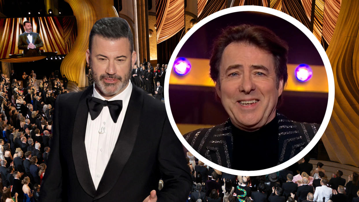 Jonathan Ross hosted the ITV coverage of the Oscars 2024, cutting to Jimmy Kimmel in LA. (Disney/Getty/ITV)