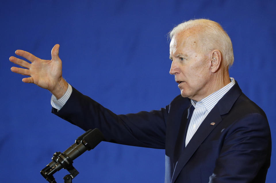 Former Vice President and Democratic presidential candidate Joe Biden speaks at a rally with members of a painters and construction union, Tuesday, May 7, 2019, in Henderson, Nev. (AP Photo/John Locher)