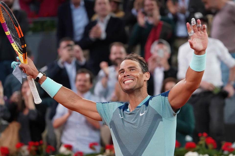 Seen here, Rafael Nadal celebrating his Madrid Open win against Miomir Kecmanovic.