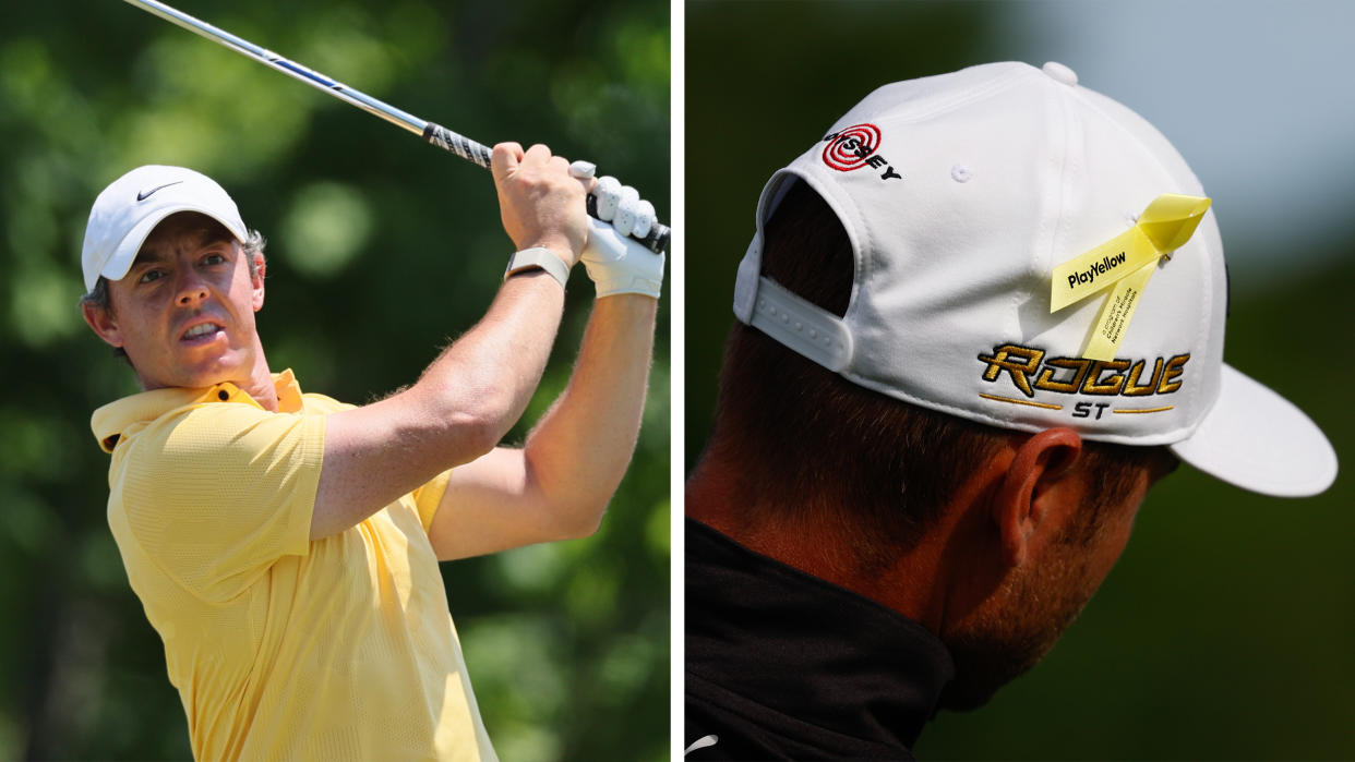  Rory McIlroy wearing a yellow shirt and a close up of a Play Yellow ribbon on a golfer's cap 