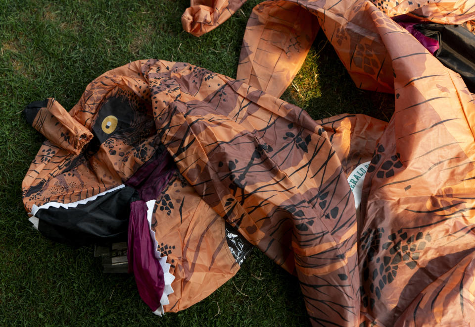 A discarded costume lies on the grass during the "T-Rex World Championship Races" at Emerald Downs, Sunday, Aug. 20, 2023, in Auburn, Wash. (AP Photo/Lindsey Wasson)