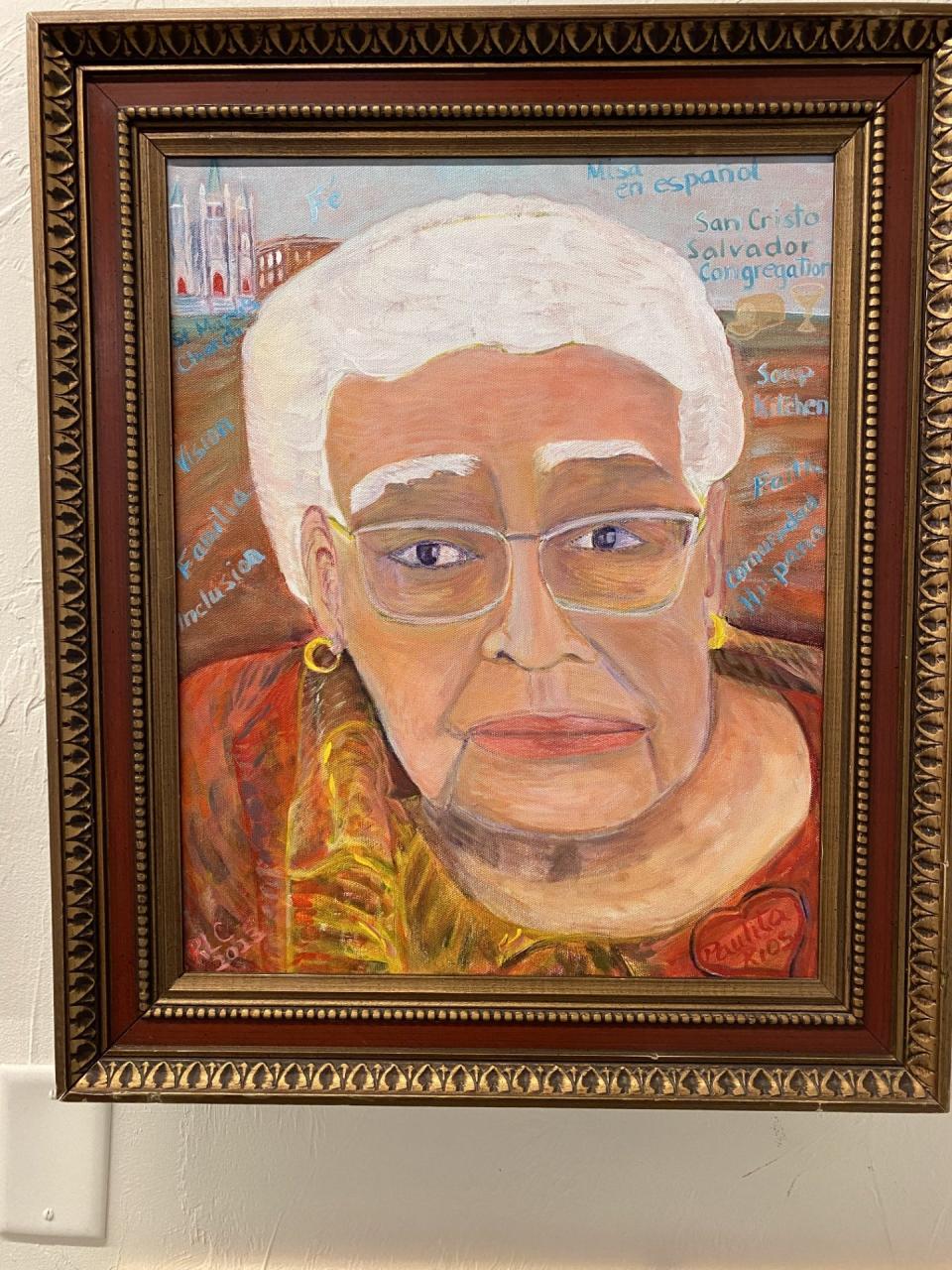 Paulita Rios was an effective York community leader for decades before her death in 2015 at the age of 99. Jose Santiago, himself a community leader, said of his grandmother in a York Daily Record story: “I am the grandson of Paulita Rios who was the founder of San Cristo Salvador Church on the 200 block of South Street in York city. That church had one of the first soup kitchens in York, which fed many people in the community daily including weekends. We have a history of working to help friends and community as a family, and this was instilled in myself and my sister at a very young age.” The York County History Center commissioned Rosa Luz Catterall to create this portrait of Paulita Rios for its new West Philadelphia Street museum, set to open in June 2024.