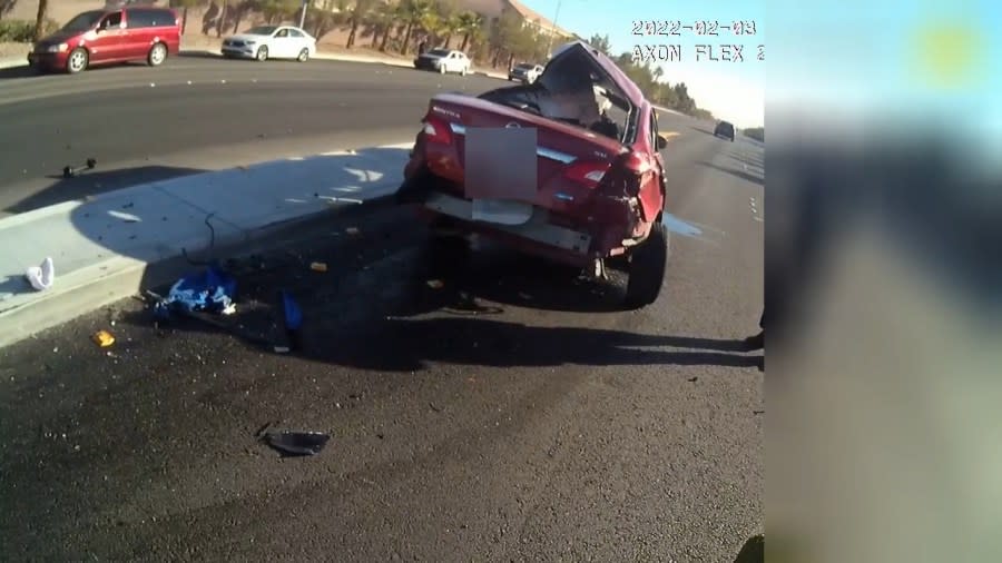 <em>Bodycam video 8 News Now obtained showed the aftermath of the crash that happened February 2, 2022 at the intersection of Torrey Pines and Windmill. (CCSDPD)</em>