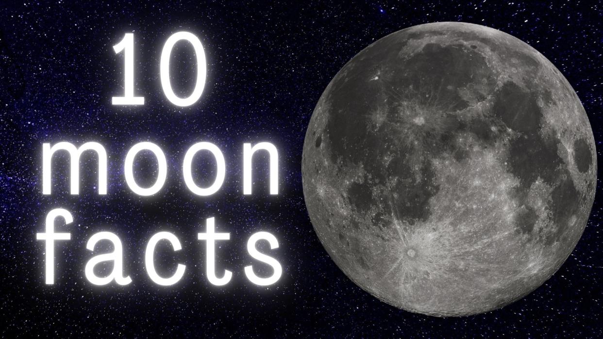  Graphic with the text "10 moon facts" written in large white letters next to an image of the moon to the right with a starry sky background. . 