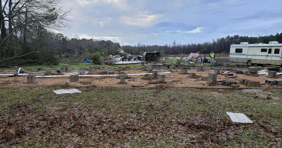 This photo provided by Bossier Parish Sheriff's Office shows damage from Friday nights severe weather in Bossier Parish, La., on Saturday, Jan. 11, 2020. Several people were killed in Louisiana, including an elderly couple found near their trailer home Saturday by firefighters. (Lt. Bill Davis/Bossier Parish Sheriff's Office via AP)