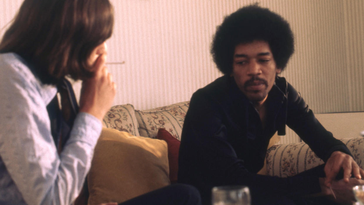  Jimi Hendrix (1942-1970) being interviewed before his concert at the Fillmore Auditorium, on February 1, 1968, in San Francisco, California. . 