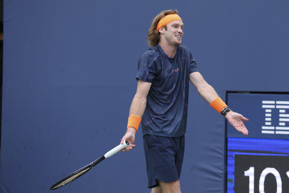 Andrey Rublev, of Russia, reacts during a match against Arthur Cazaux, of France, at the first round of the U.S. Open tennis championships, Tuesday, Aug. 29, 2023, in New York. (AP Photo/Jason DeCrow)