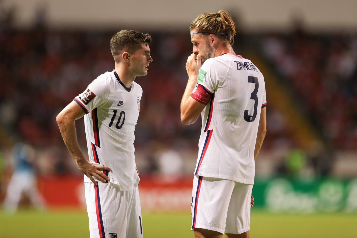 SAN JOSE, COSTA RICA - MARCH 30: Christian Pulisic #10 and Walker Zimmerman #3 of the United States exchange a few words with one another during a FIFA World Cup qualifier game between Costa Rica and USMNT at Estadio Nacional de Costa Rica on March 30, 2022 in San Jose, Costa Rica. (Photo by John Dorton/ISI Photos/Getty Images)