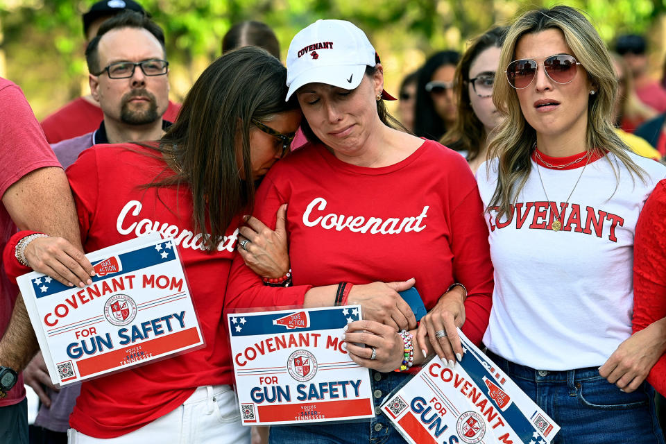 Covenant School parents, Lori Buck, left, Abby McLean, and Mary Joyce comfort each other while locking arms to demonstrate for gun safety and common sense gun laws as part of a three-mile human chain from the Monroe Carell Jr. Children’s Hospital at Vanderbilt to the Tennessee State Capitol Tuesday, April 18, 2023, in Nashville, Tenn.

Nas Human Chain 00105