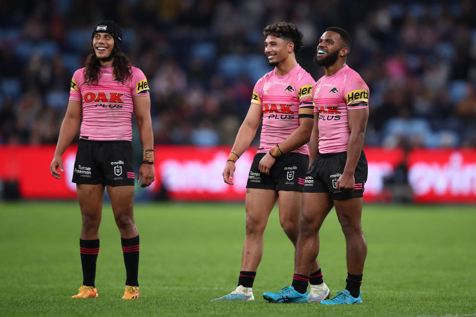 SYDNEY, AUSTRALIA - JUNE 10: Jarome Luai, Izack Tago and Sunia Turuva of the Panthers share a laugh during the round 15 NRL match between Sydney Roosters and Penrith Panthers at Allianz Stadium on June 10, 2023 in Sydney, Australia. (Photo by Jason McCawley/Getty Images)