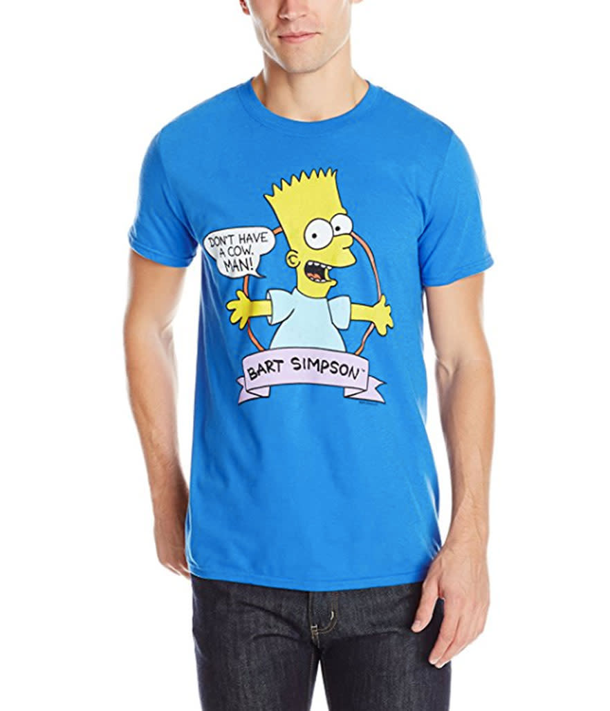 <p><em>The Simpsons</em> men’s Bart logo T-shirt, $11, <a rel="nofollow noopener" href="https://www.amazon.com/Simpsons-Simpson-T-Shirt-Royal-XX-Large/dp/B01344GUCK/ref=sr_1_9?s=apparel&ie=UTF8&qid=1529508178&sr=1-9&nodeID=7141123011&psd=1" target="_blank" data-ylk="slk:amazon.com;elm:context_link;itc:0;sec:content-canvas" class="link ">amazon.com </a> </p>