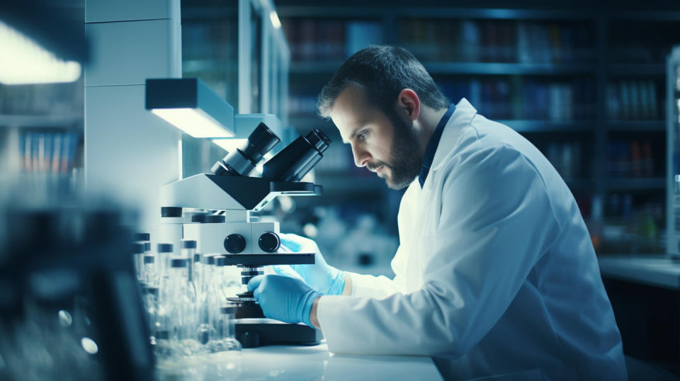 A researcher studying genetic medicines under a microscope in a biopharmaceutical laboratory.