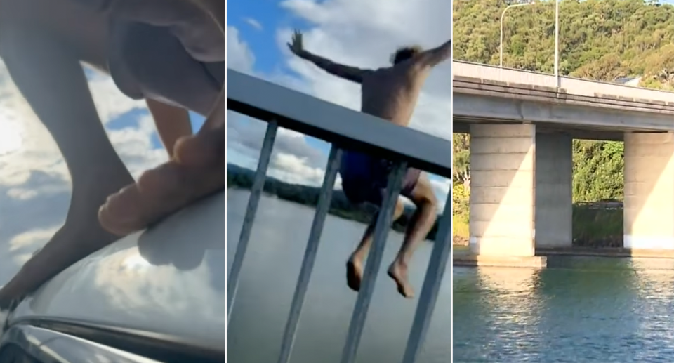 A Gold Coast cliff diver seen jumping from the Currumbin Bridge in Queensland. 