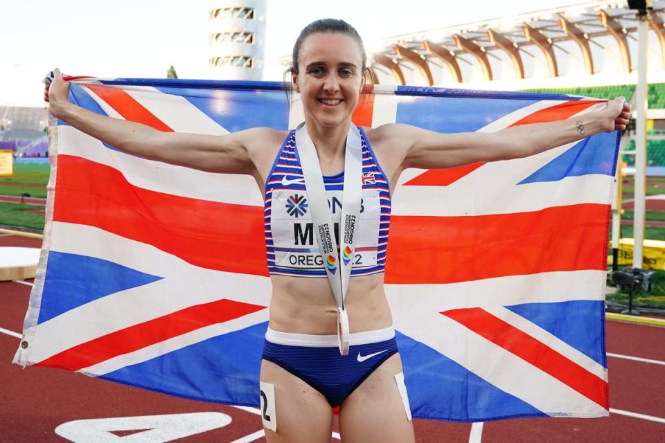 Great Britain’s Laura Muir celebrates winning bronze in Eugene (PA)