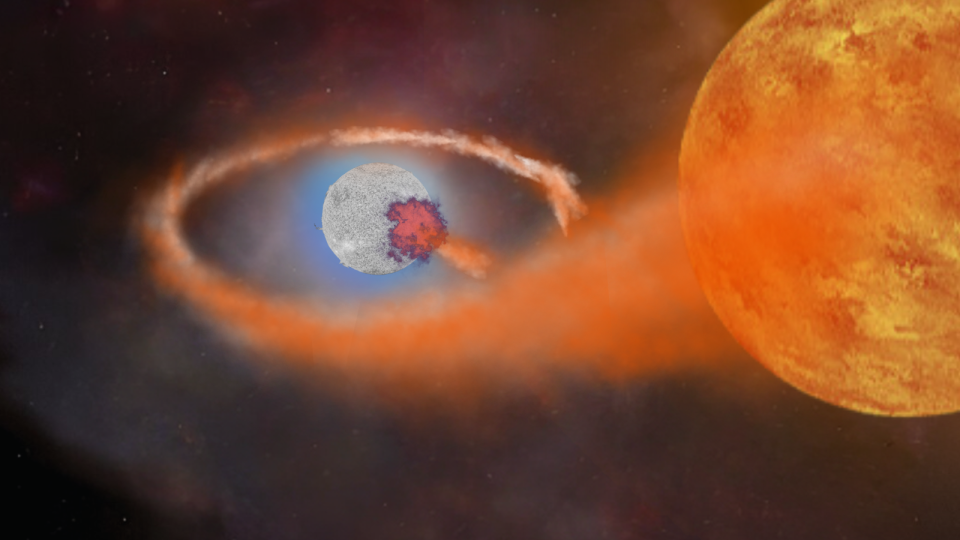 A glowing white and blue orb surrounded by a ring of orange smoke next to a much larger orange orb