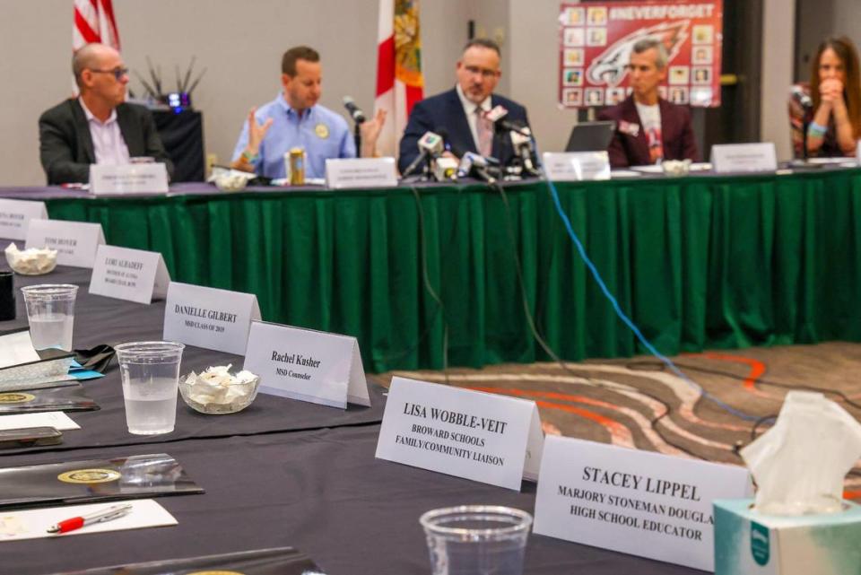 Name tags of parents, school officials, educators, counselors and others are displayed as the U.S. Secretary of Education Miguel Cardona participated in a round table with parents of victims of the mass shooting by the invitation of U.S. Congressman Jared Moskowitz regarding school safety and mental health after visiting Marjory Stoneman Douglas High School on Monday, January 22, 2024, in Parkland, Florida.