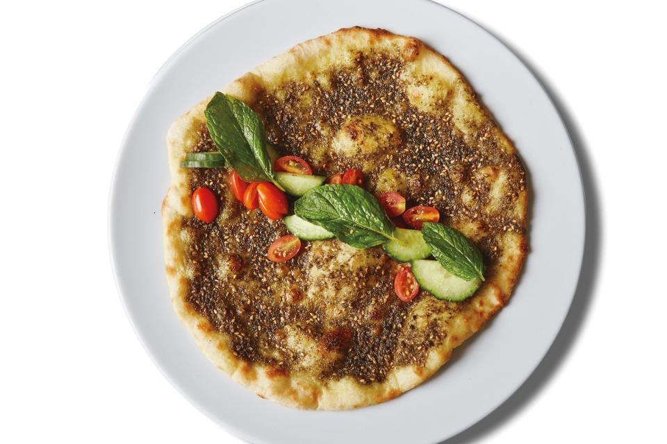Man'oushe with Za'atar Oil, Tomatoes, and Cucumber