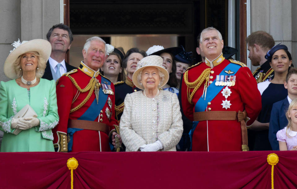 Photo by: KGC-09/STAR MAX/IPx 2019 6/8/19 Queen Elizabeth II, Prince William, Duke of Cambridge, Catherine, Duchess of Cambridge, Camilla, Duchess of Cornwall, Meghan, Duchess of Sussex, Prince Harry, Duke of Sussex, Prince George, Princess Charlotte, Prince Louis, Princess Beatrice of York, Princess Eugenie of York, Sophie, Countess of Wessex and Prince Edward, Earl of Wessex at Trooping the Colour in London, England.